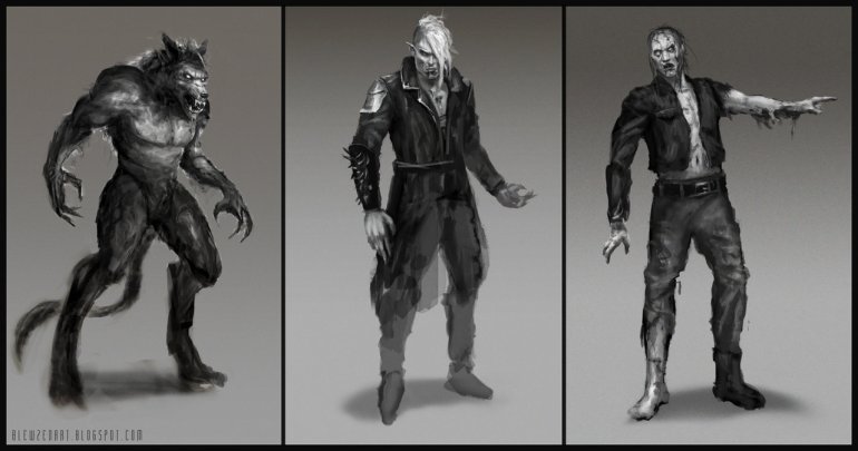 http://blewzen.deviantart.com/art/Werewolf-vampire-zombie-sketches-450864569