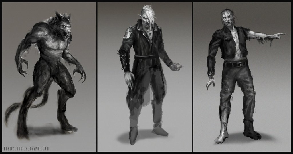 http://blewzen.deviantart.com/art/Werewolf-vampire-zombie-sketches-450864569